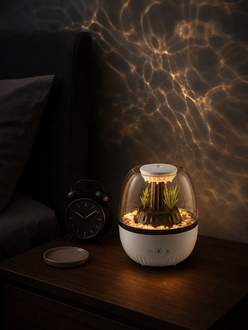 Home use silent humidifier with timer and aromatherapy features