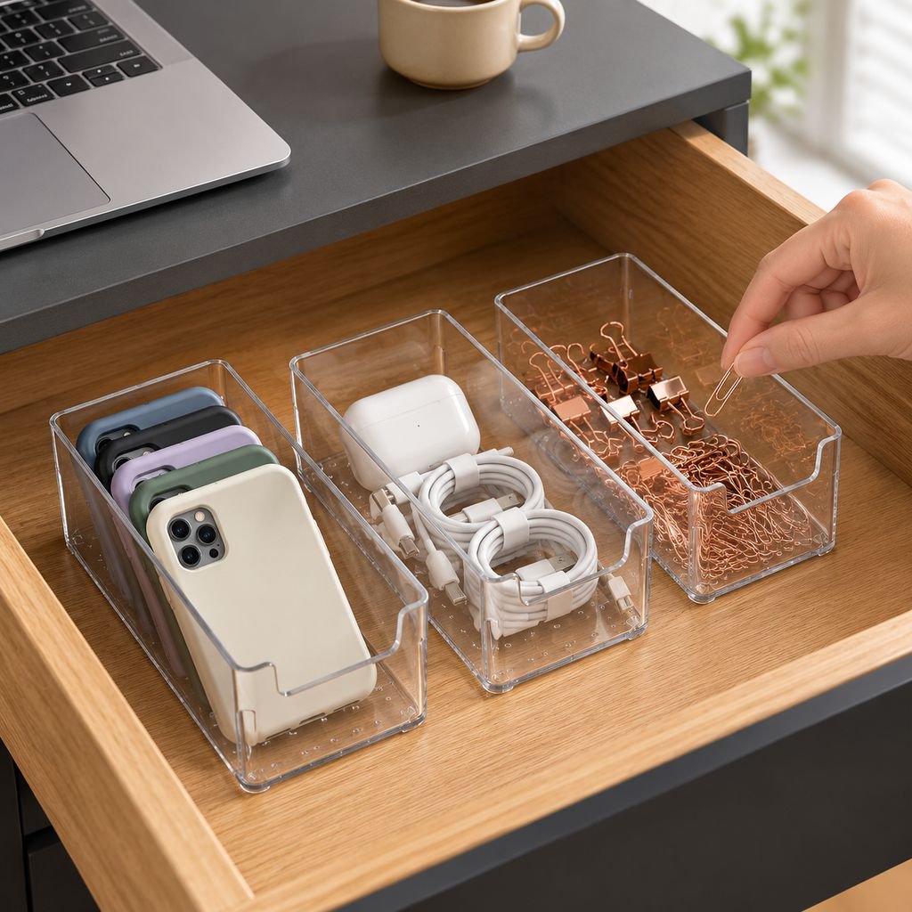 Caja de almacenamiento transparente para accesorios y fundas de móvil