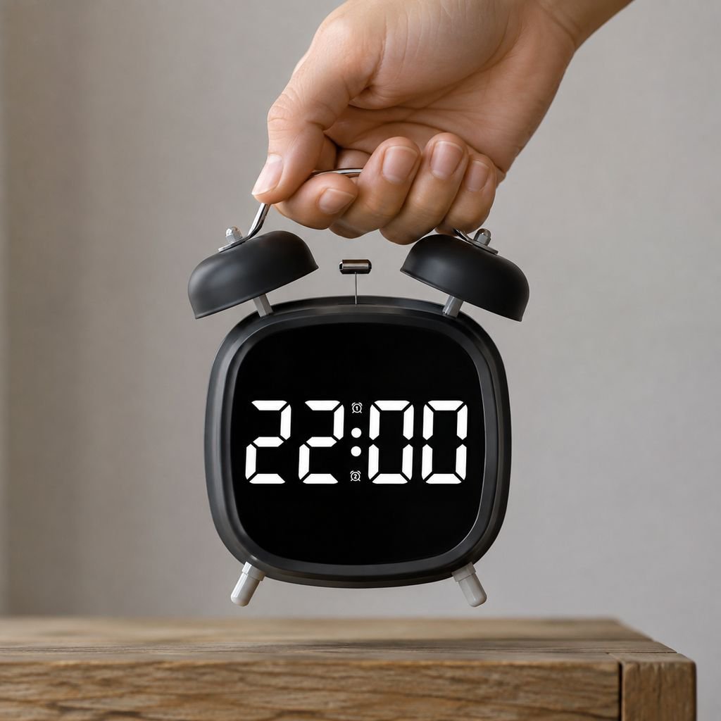 Stylish metal bell alarm clock on bedside table