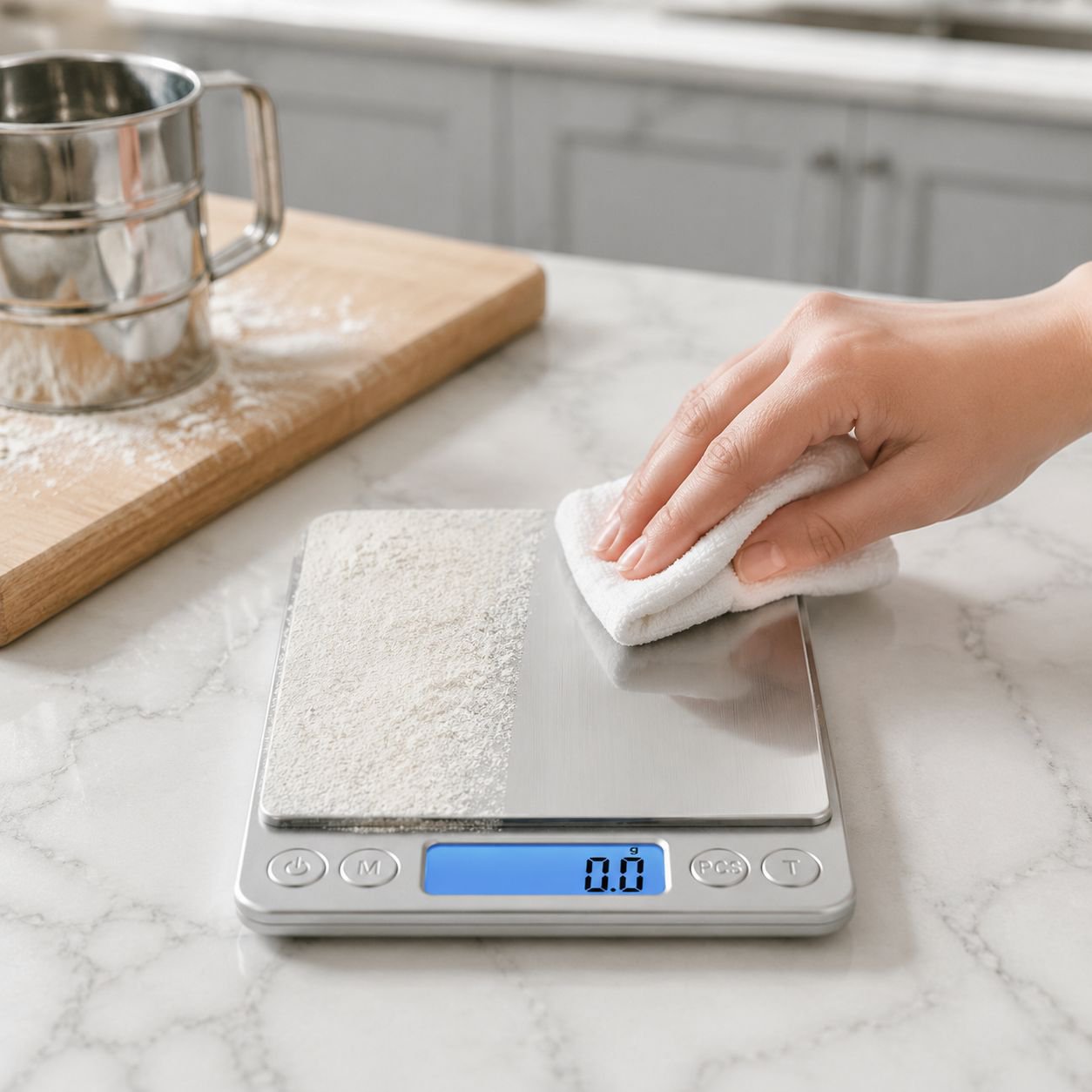 Plateau en acier inoxydable sur balance électronique de cuisine