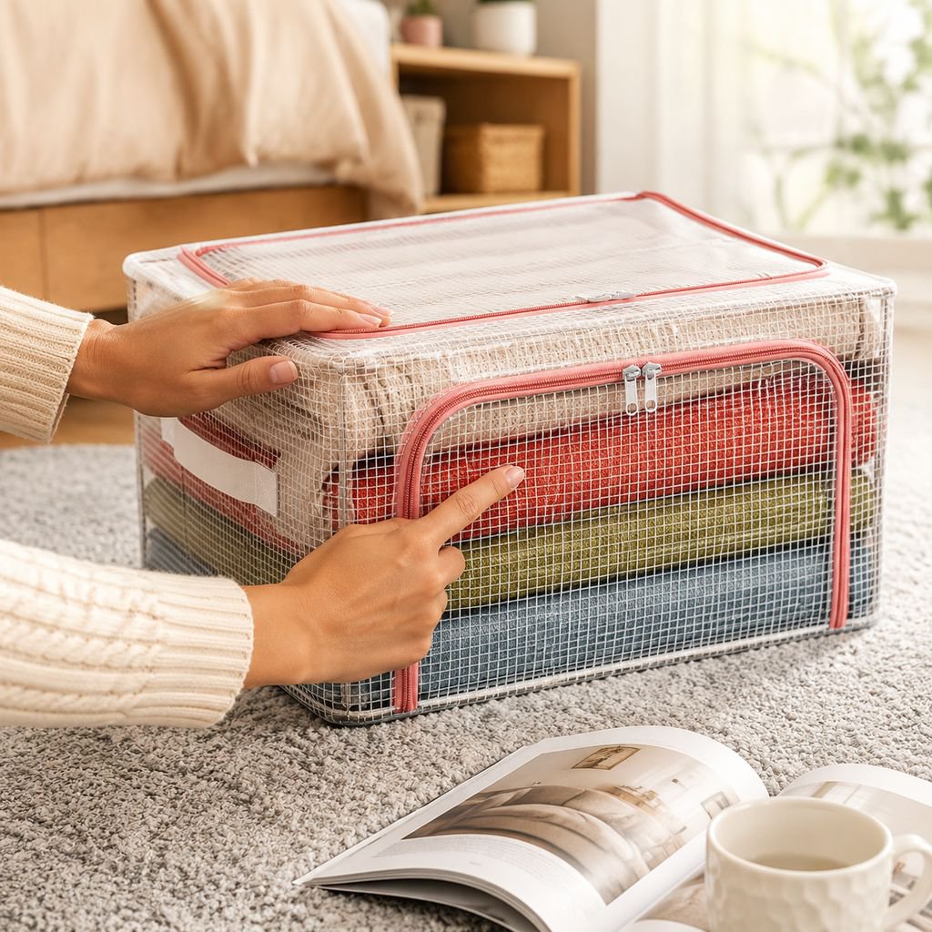 Nueva caja de almacenamiento de ropa de malla de PVC transparente, caja de almacenamiento de ropa pa