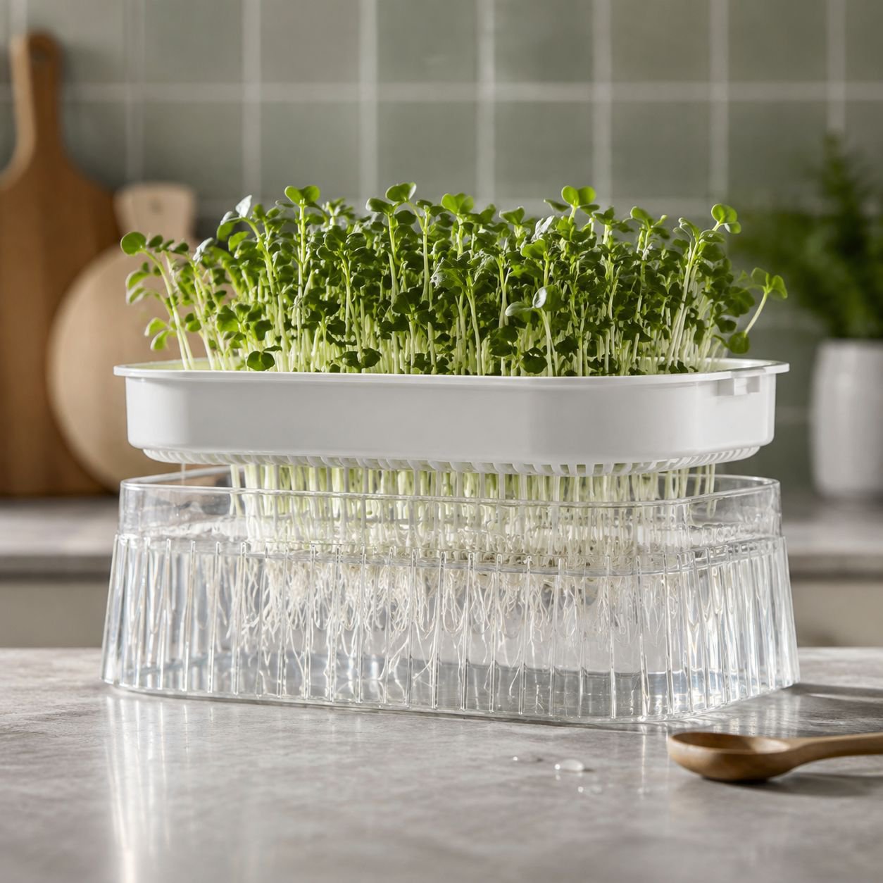 Healthy bean sprouts grown in hydroponic trays