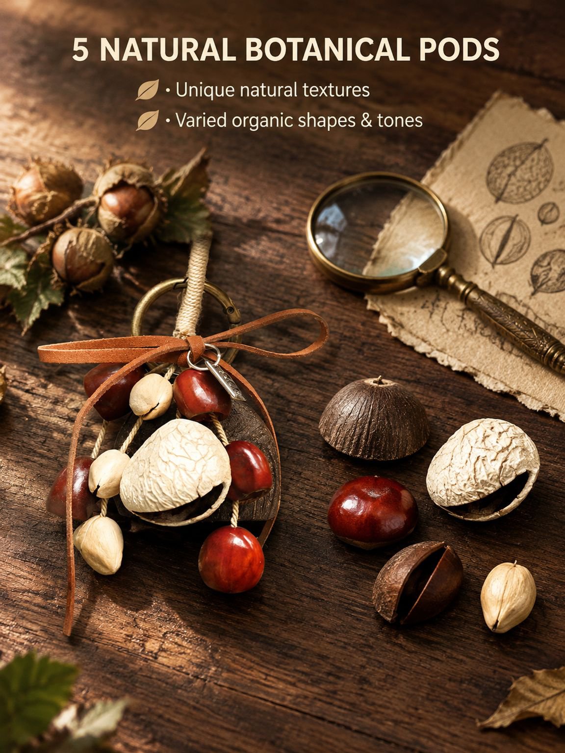 Close-up of natural nut shells used for a handmade wind chime