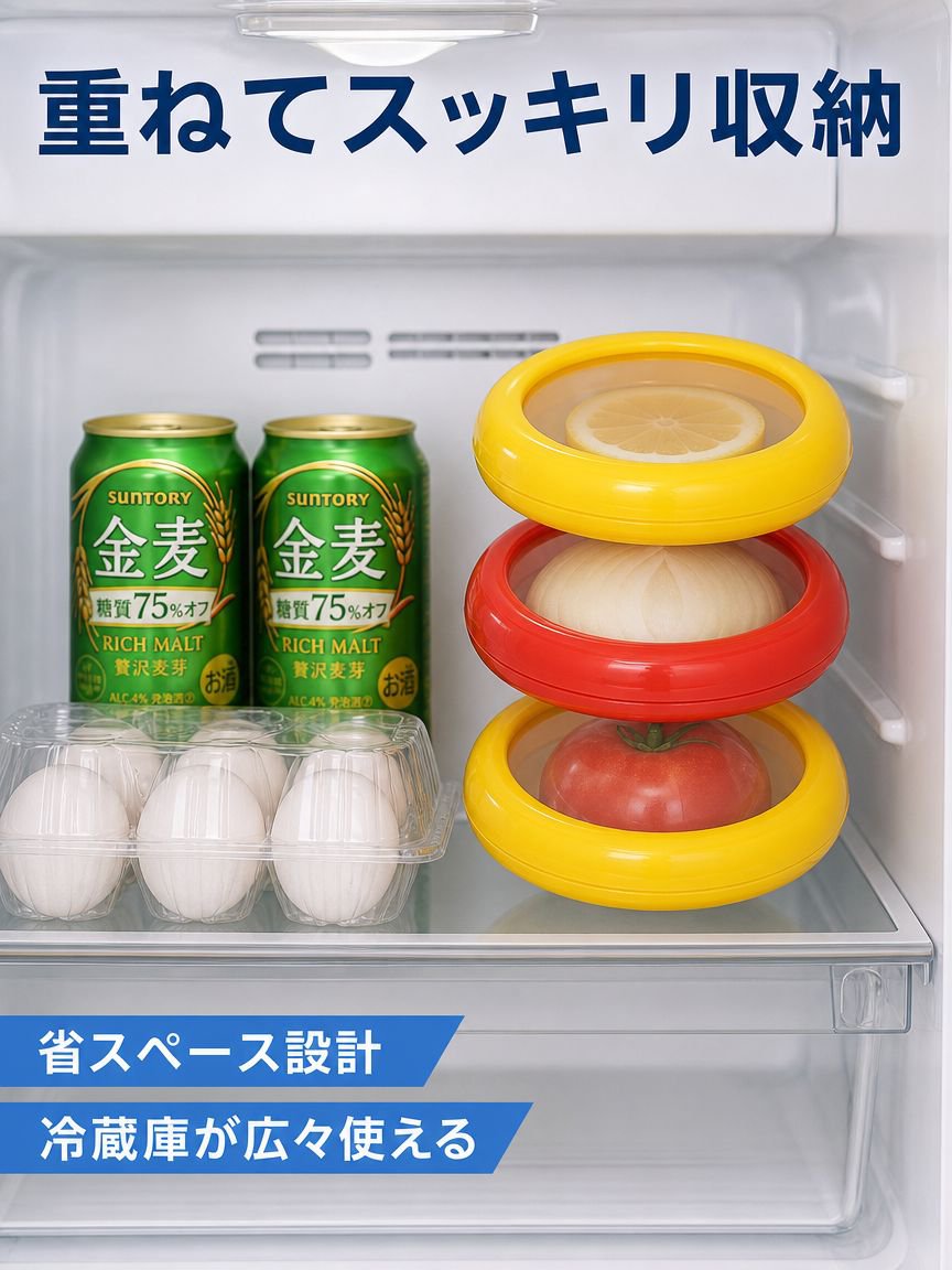 果物と野菜を半分に切った食品保存容器