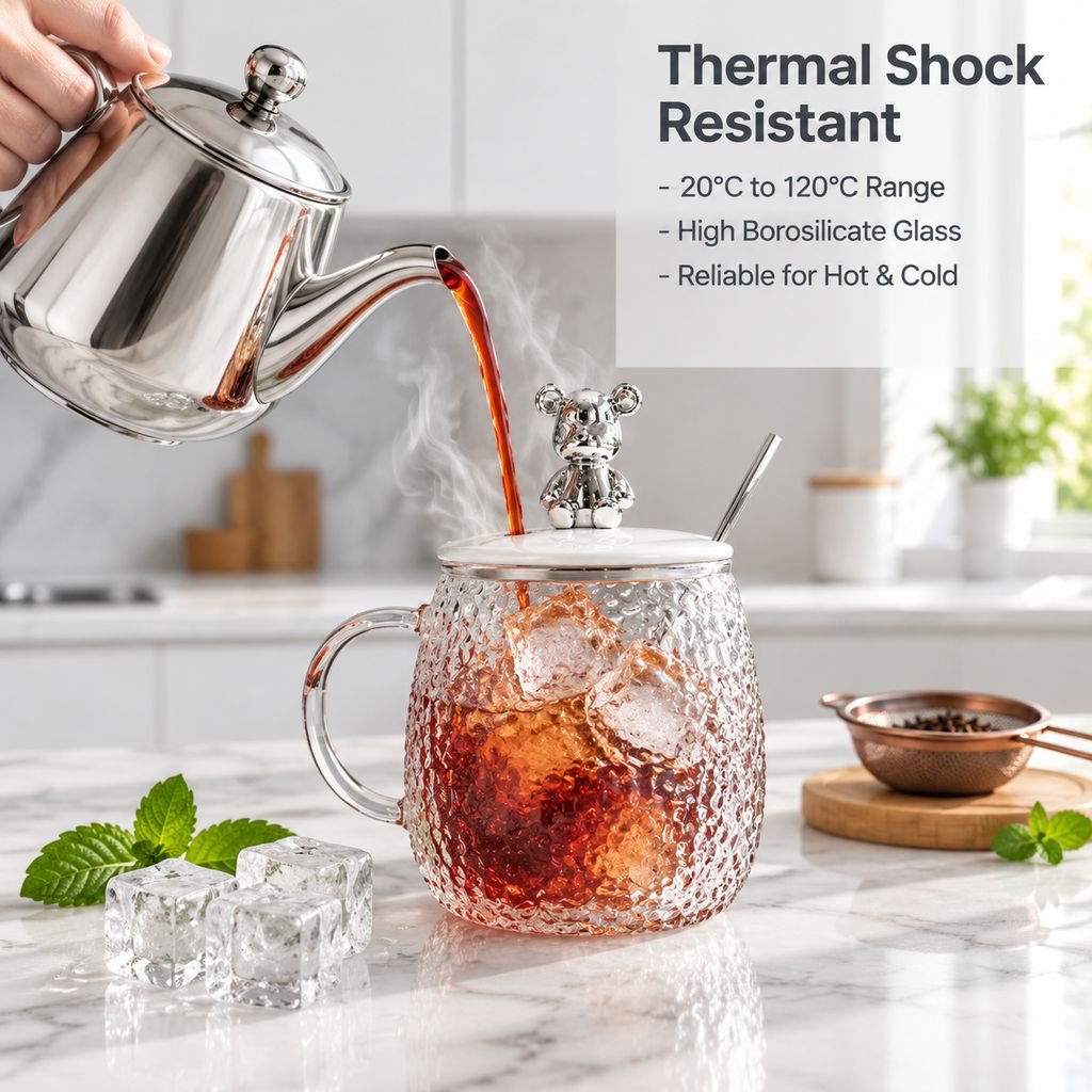 Glass Bear Mug with Lid, Large Belly