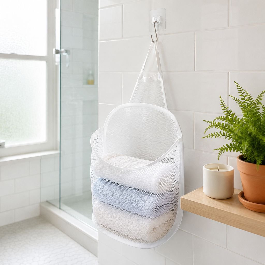 Foldable wall-mounted laundry basket, self-adhesive, no-drill mesh fabric laundry bag, bathroom laun