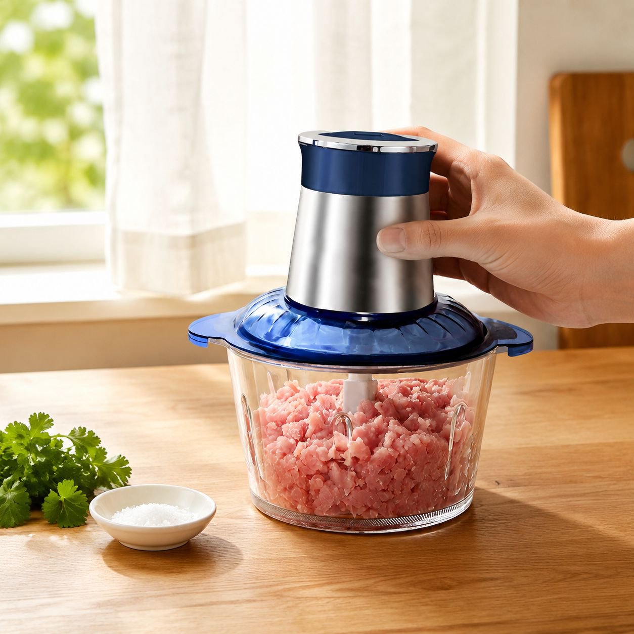 Electric meat grinder mincing beef
