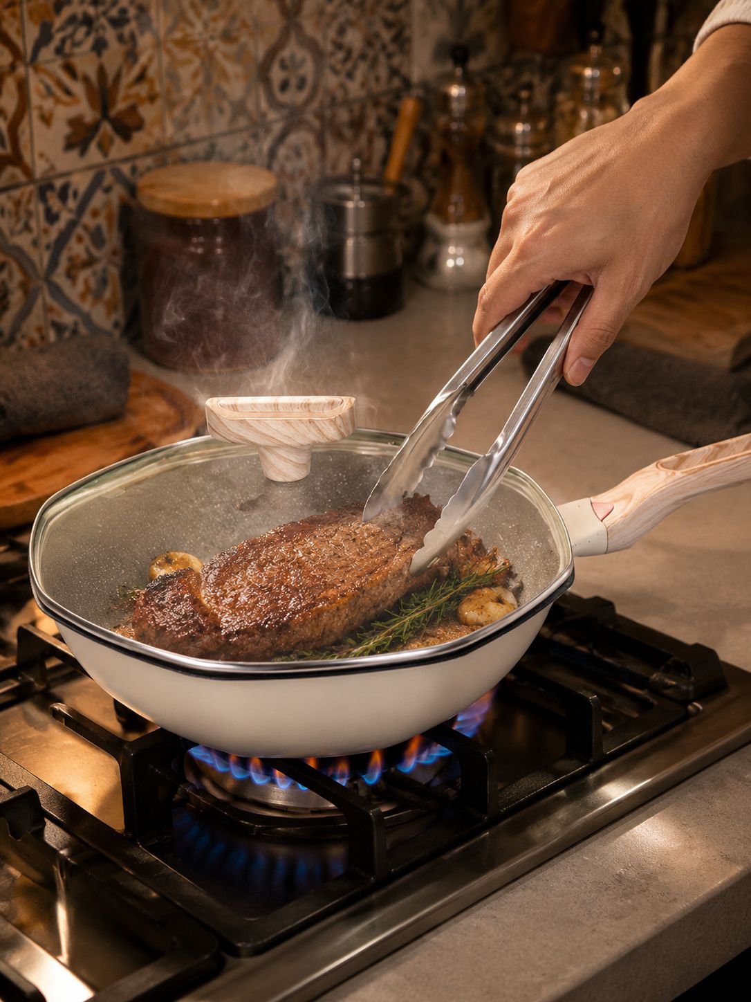 Top view of nonstick octagonal fry pan cooking eggs