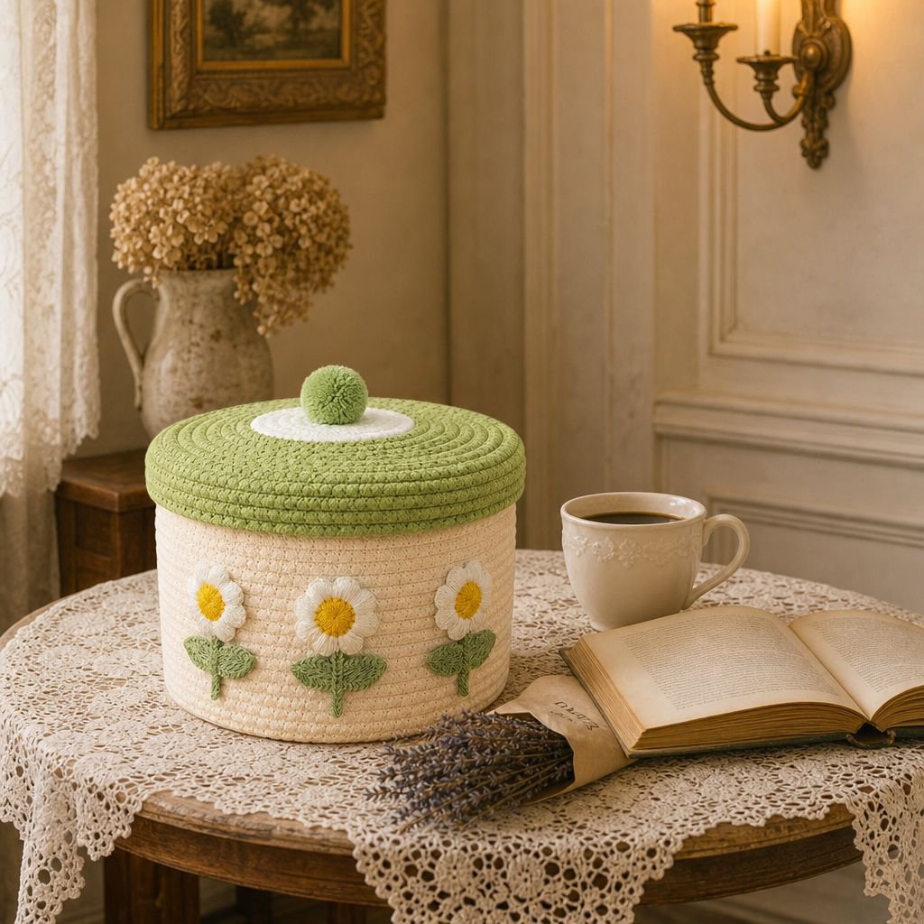 Détail du couvercle du panier de rangement tressé en coton