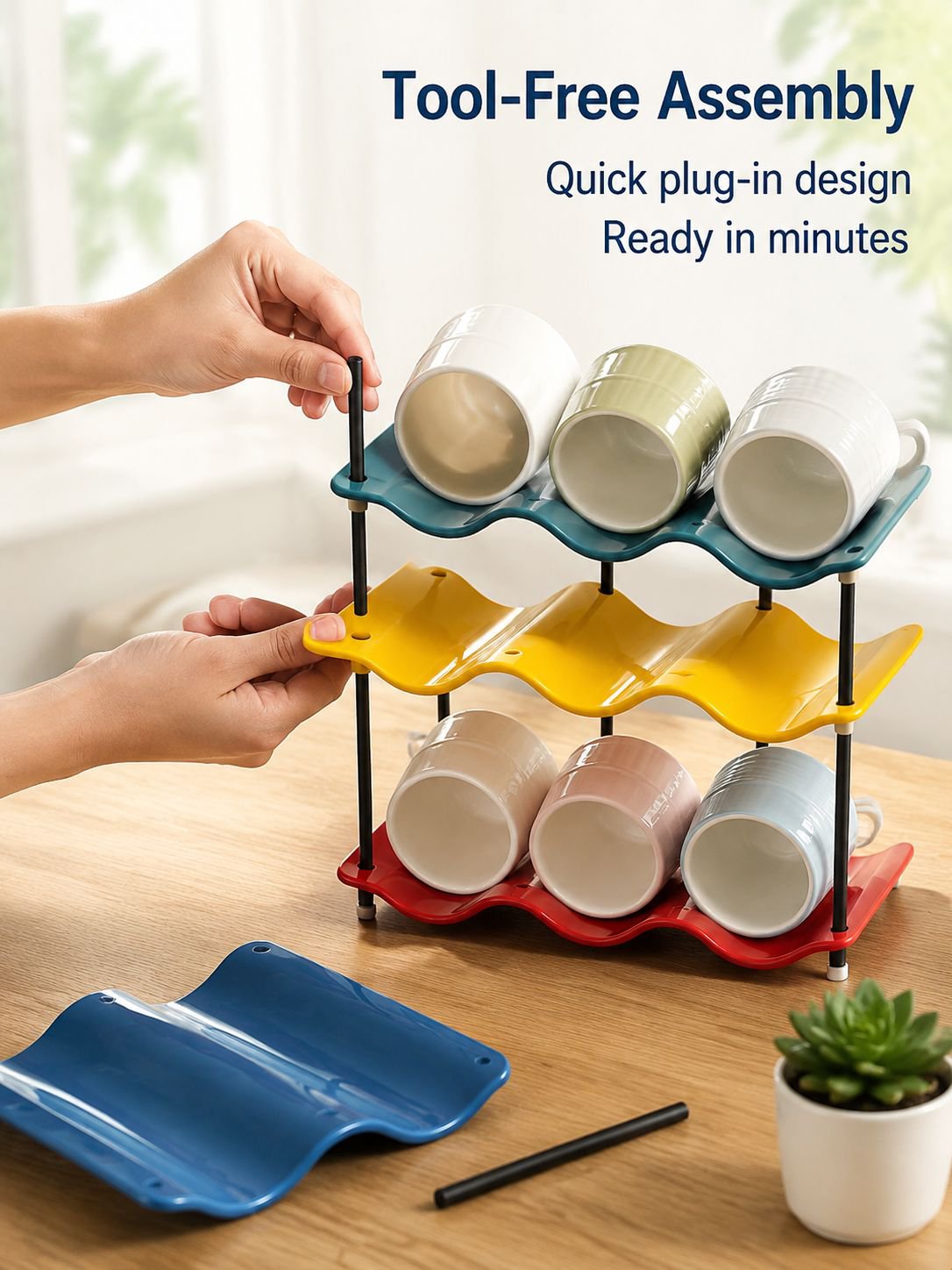 Wave design cup organizer showcasing assorted mugs