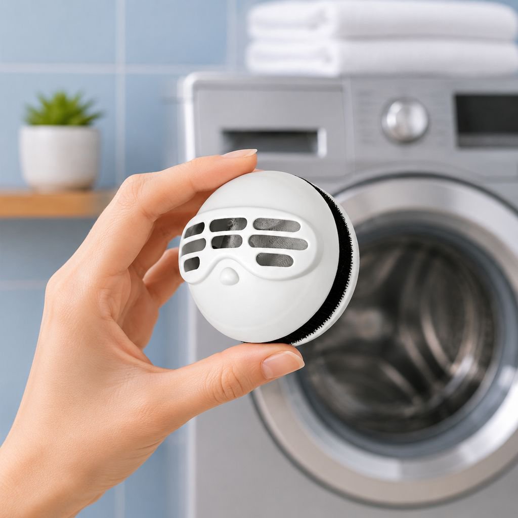 Pet hair remover laundry ball next to washing machine