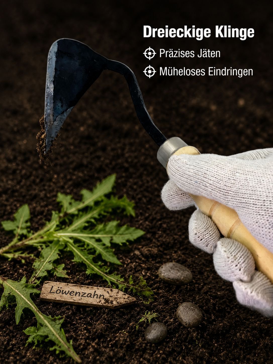 Gartenhacke mit gebogenem Stiel und dreieckiger Spitze, speziell für Baumschulen