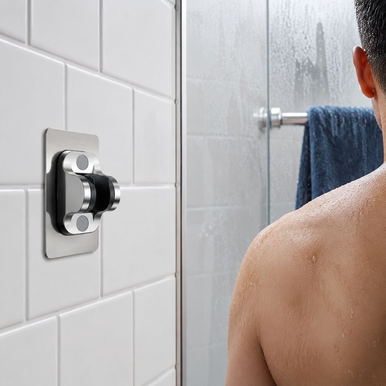 User adjusting the angle of the rotatable shower head holder