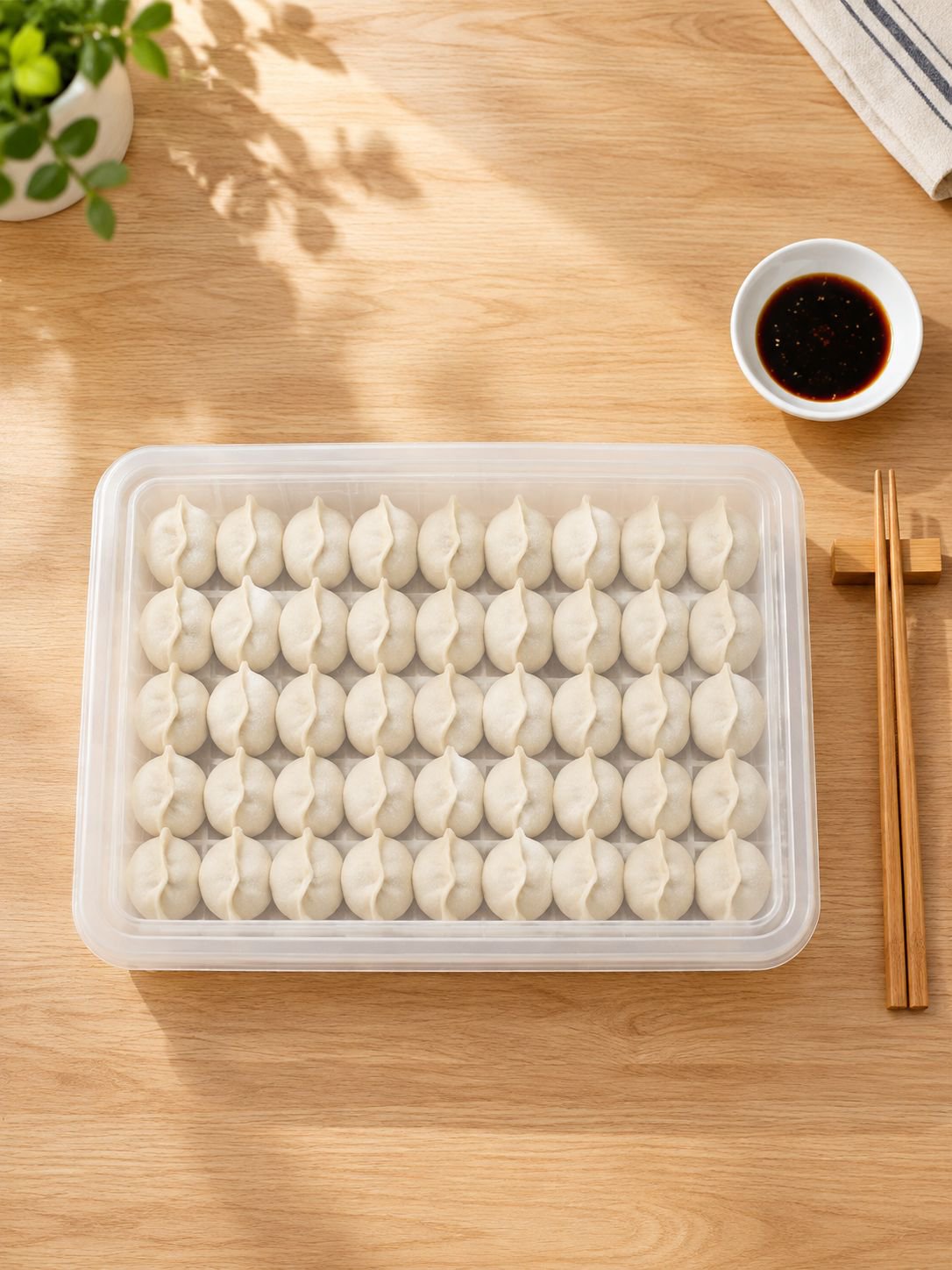 重ね置き可能な餃子冷凍保存ケースのフタ付きデザイン