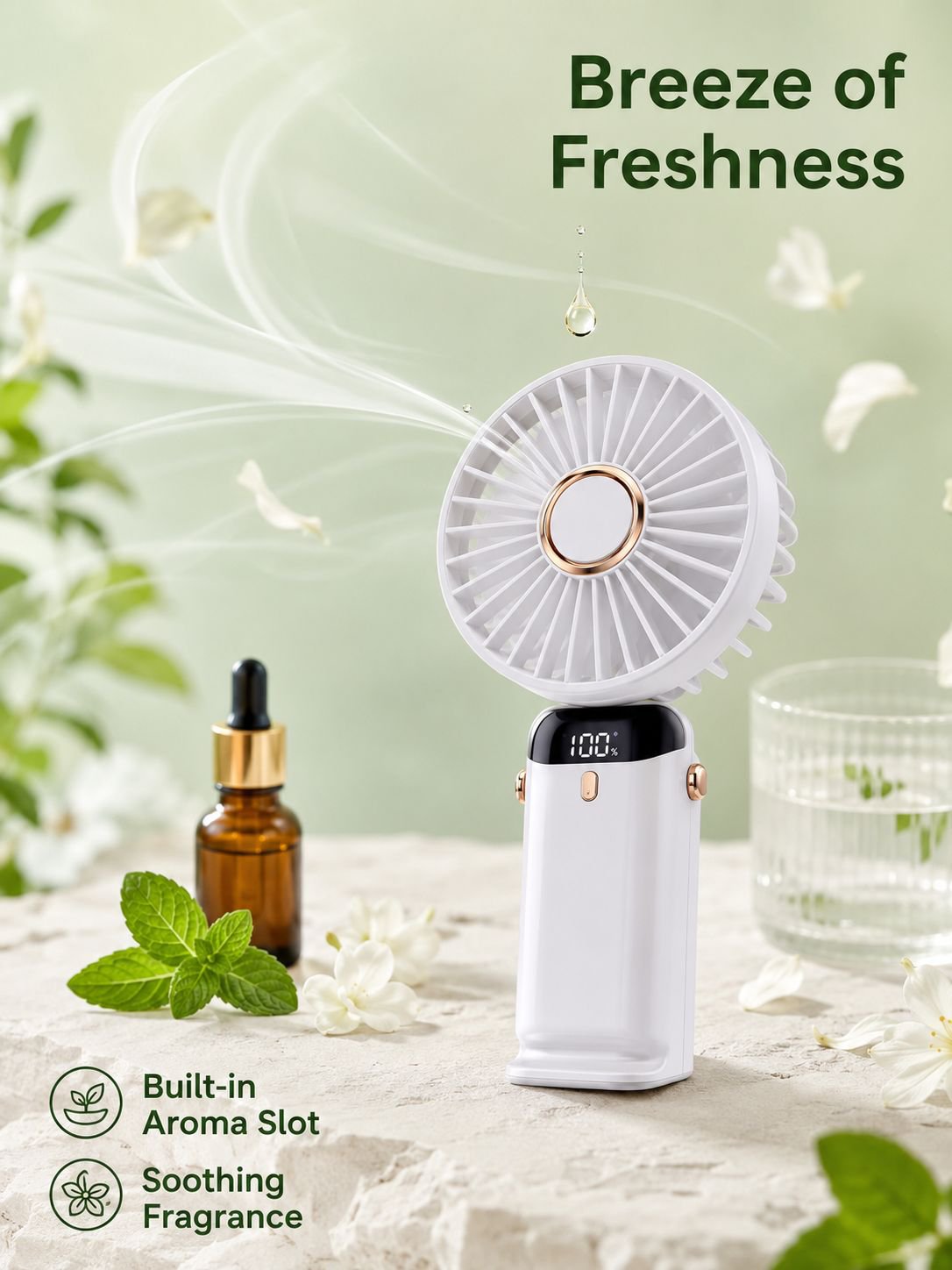 Mini Portable USB Folding Fan with Digital Display, Desktop Aromatherapy Fan