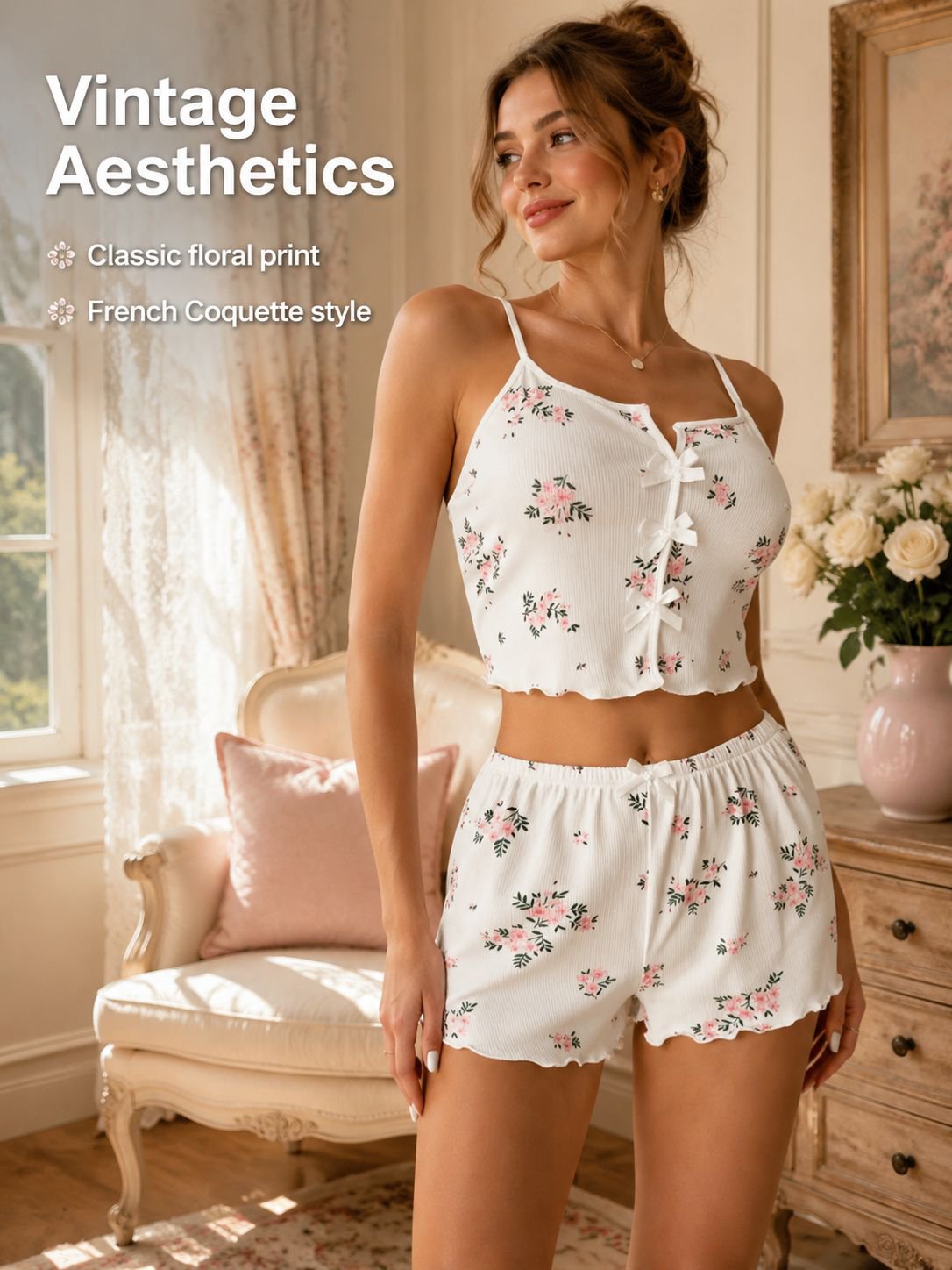 European and American printed design floral bow-front short pants pajama set for bedroom wear