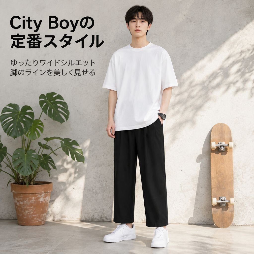 夏用メンズアイスシルクストレートパンツ、ルーズな九分丈パンツ、学生用無地ワイドパンツ