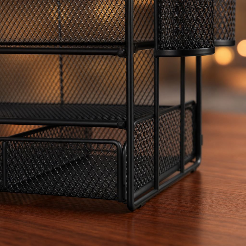 Home office desk with 4-tier document rack