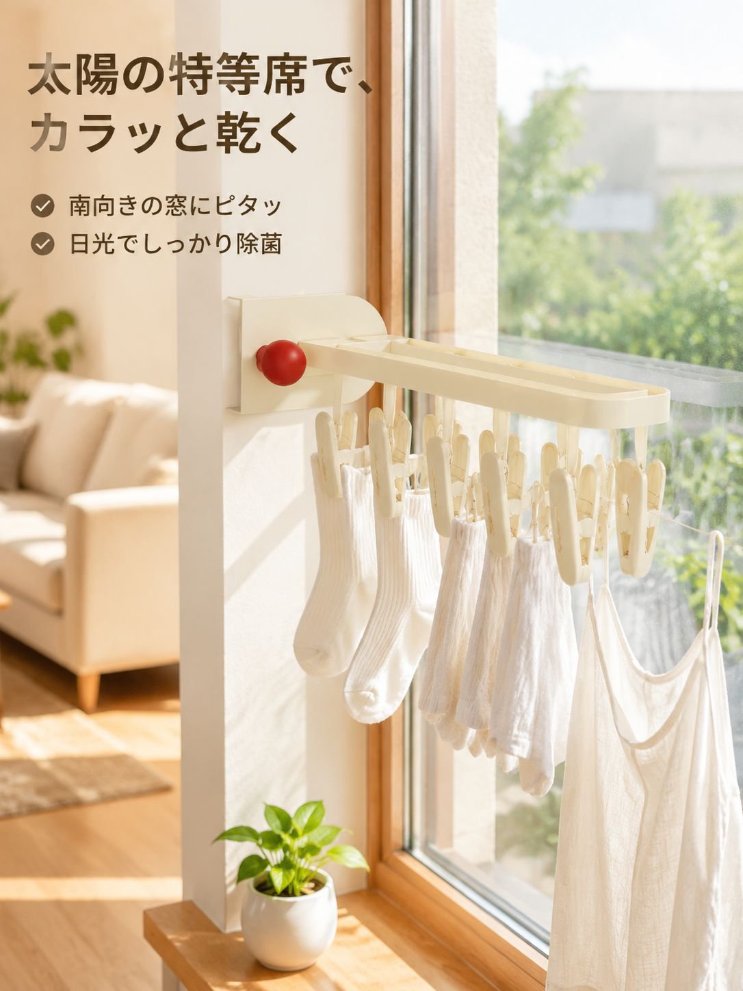 ガラス窓用の吸盤付き折りたたみ式衣類ラック