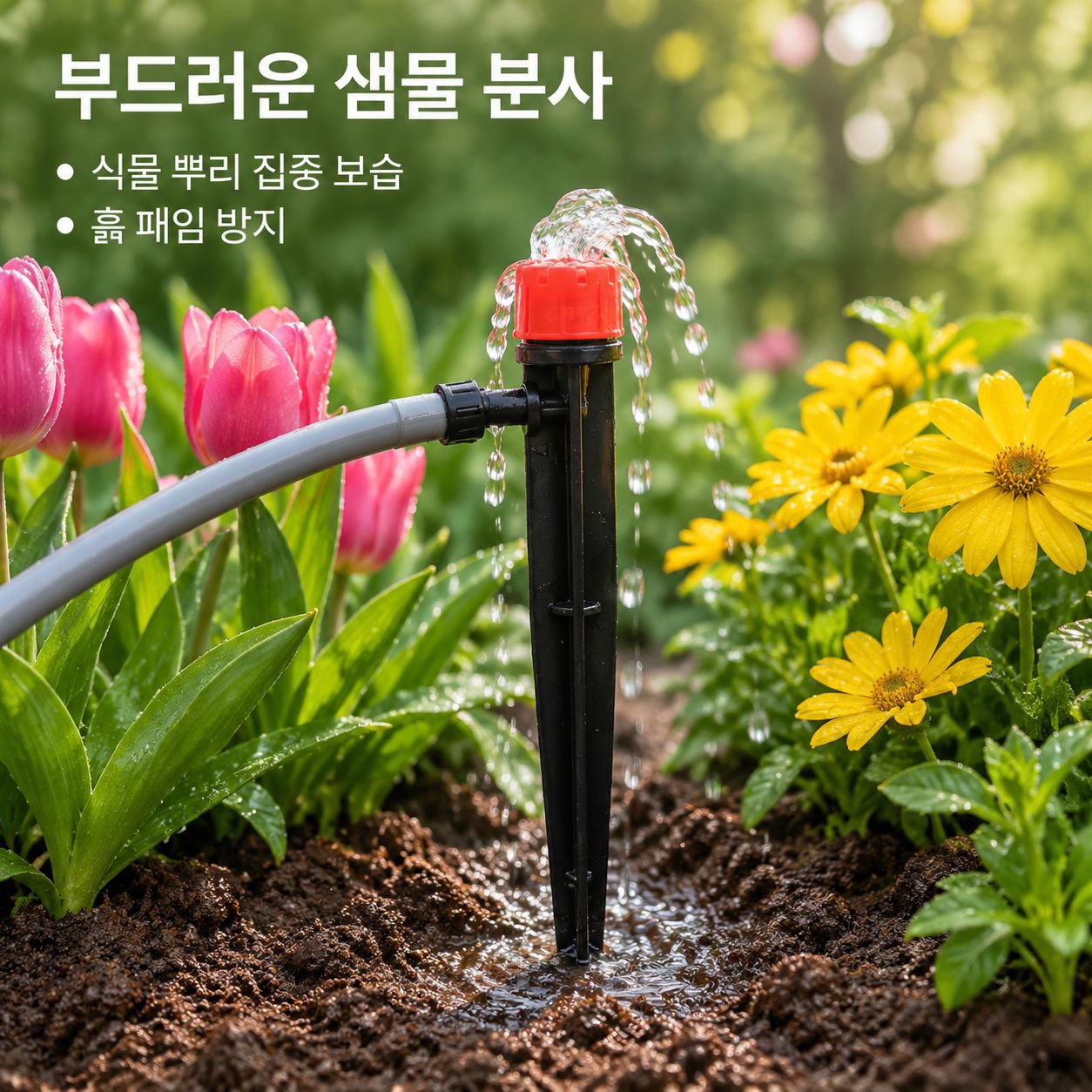 땅에 고정하는 화분형 용기에 방사형 물 분사 헤드가 장착되어 있습니다.