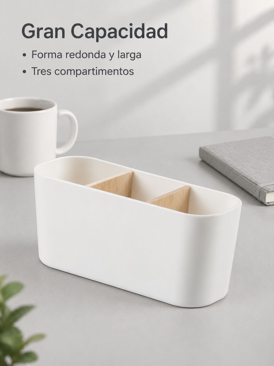 Caja organizadora de escritorio de bambú y madera con compartimentos desmontables
