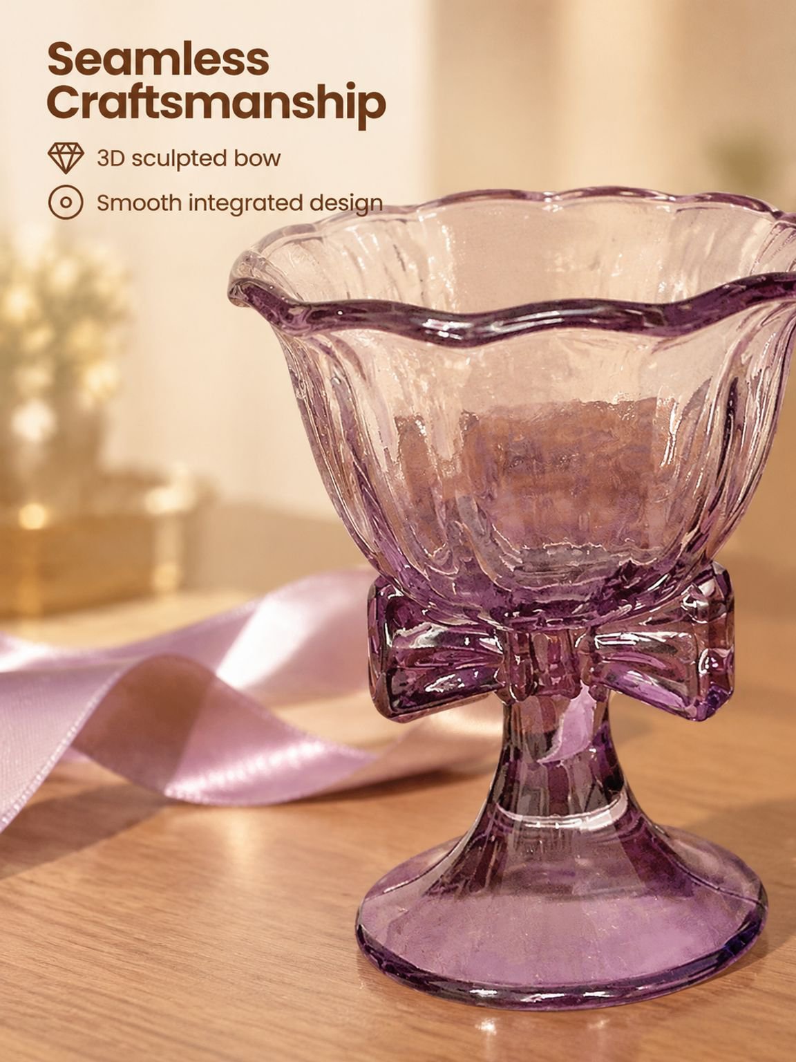 Side view of a creative purple bow cocktail glass