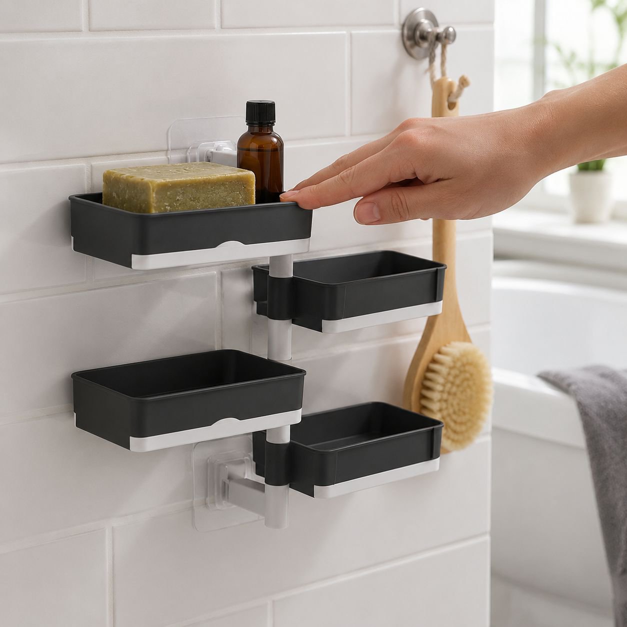 Jabonera giratoria multicapa para baño/aseo, instalación sin taladro