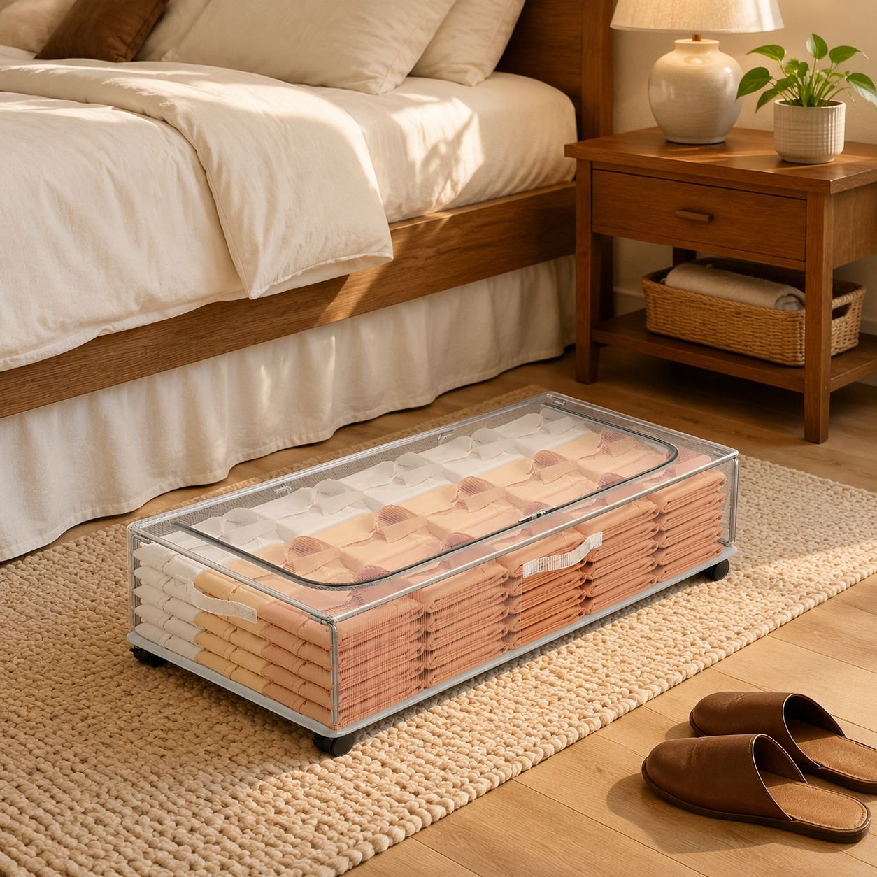 Under Bed Rolling Storage Box, Flat Transparent Moisture-Proof Large Organizer