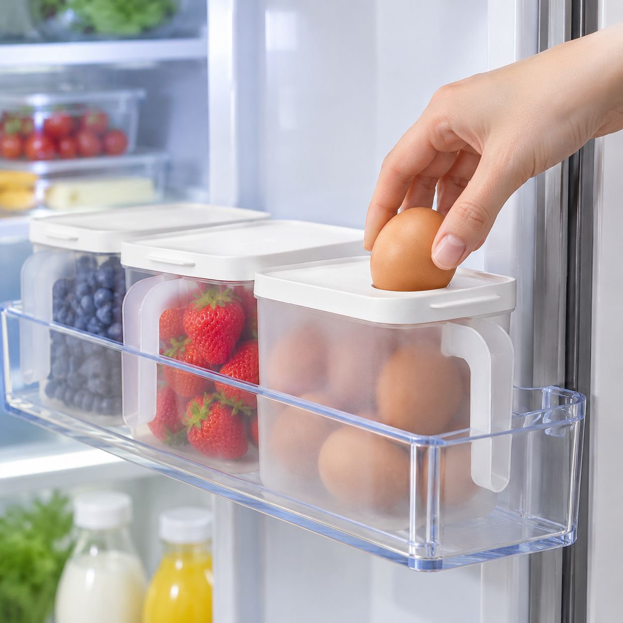 Egg organizer tray inside airtight storage container