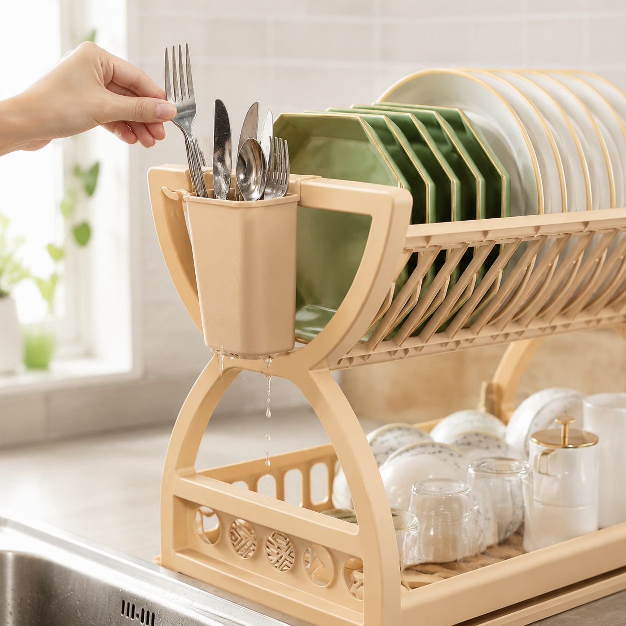 Easy-to-clean plastic kitchen rack with drip tray