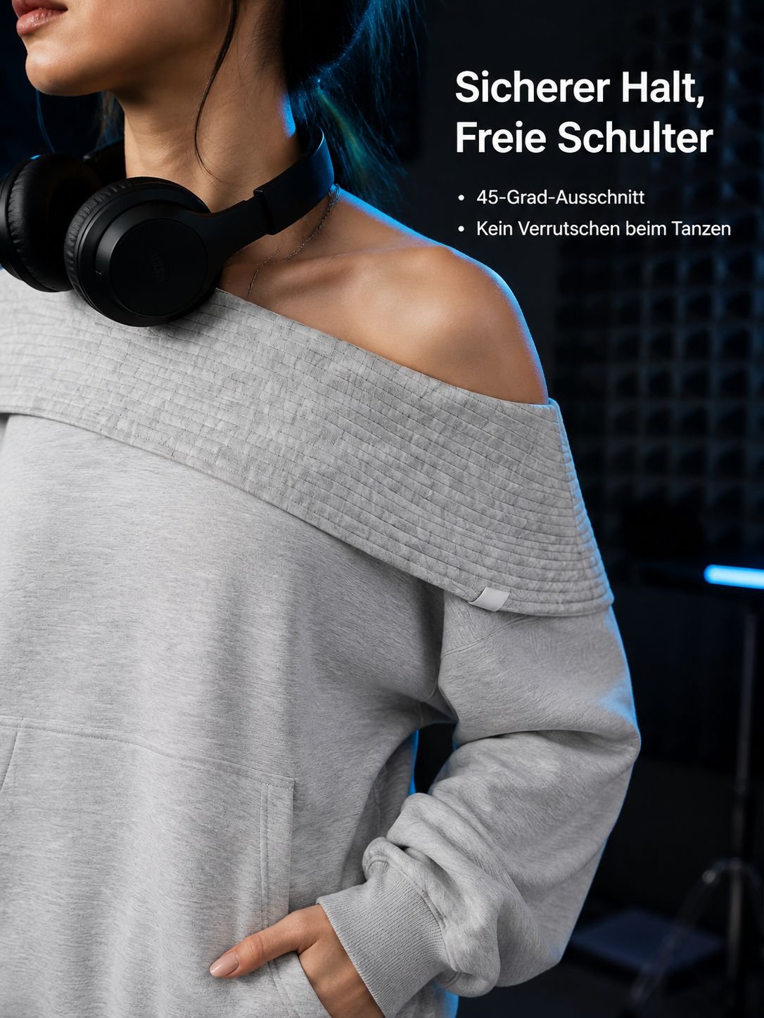 Amerikanischer Oversize Hoodie Damen Grau mit schräger Schulter, Streetwear im Dystopie-Stil