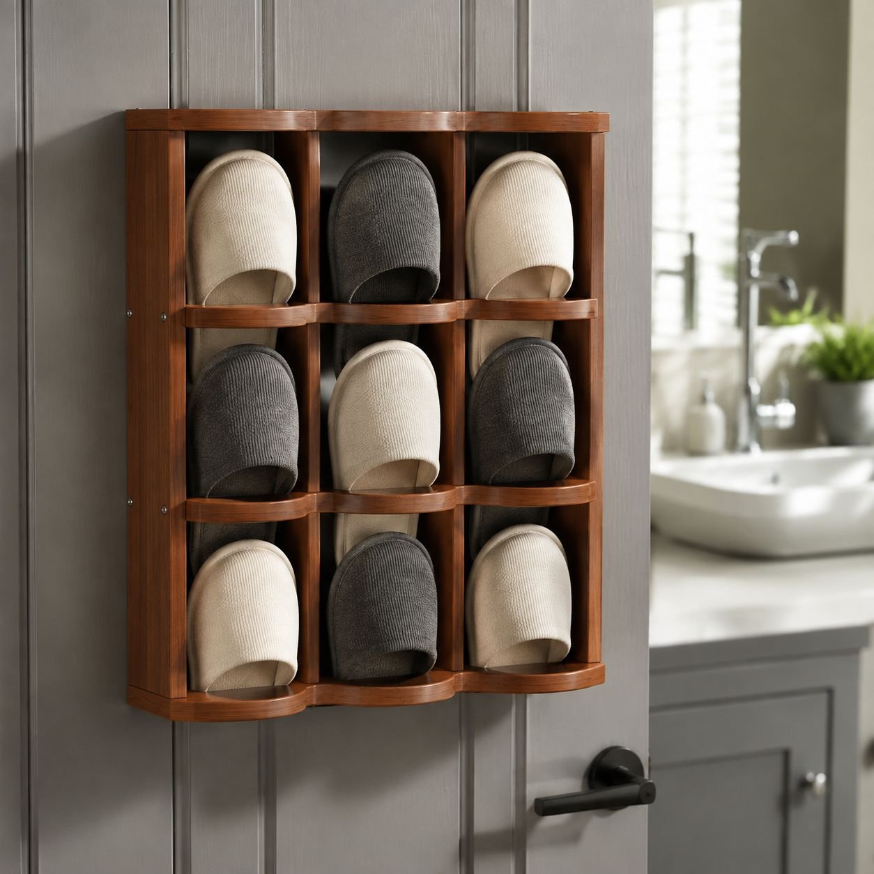 Space-saving slipper storage rack for bathroom
