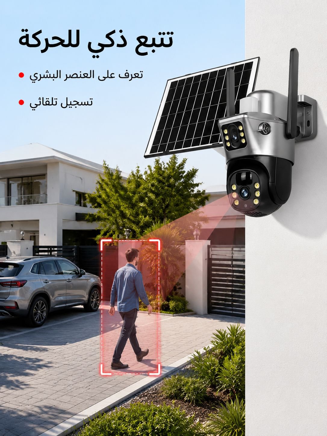 كاميرا مراقبة ذات عدسة مزدوجة عالية الدقة، تعمل بطاقة شمسية