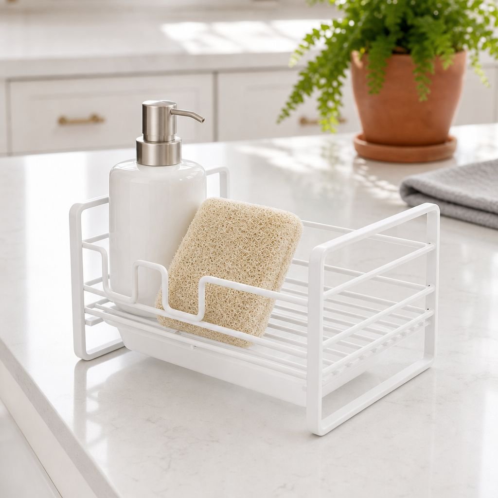 Iron kitchen rack holding cleaning accessories