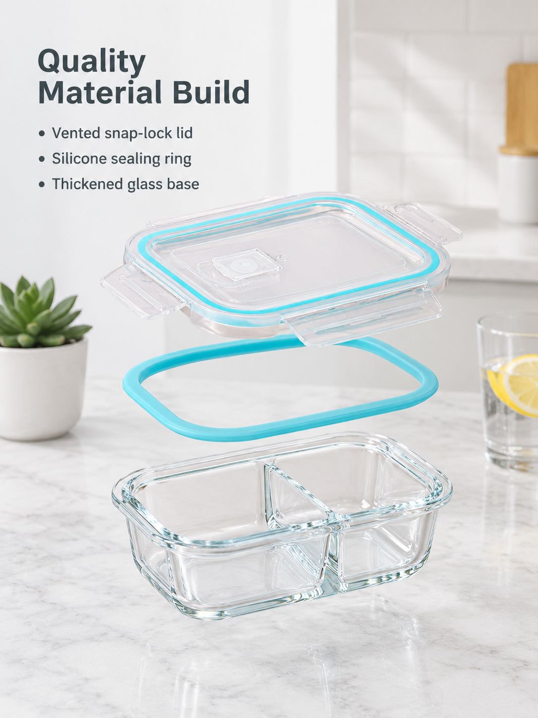 Glass bento lunch box showing divided food compartments