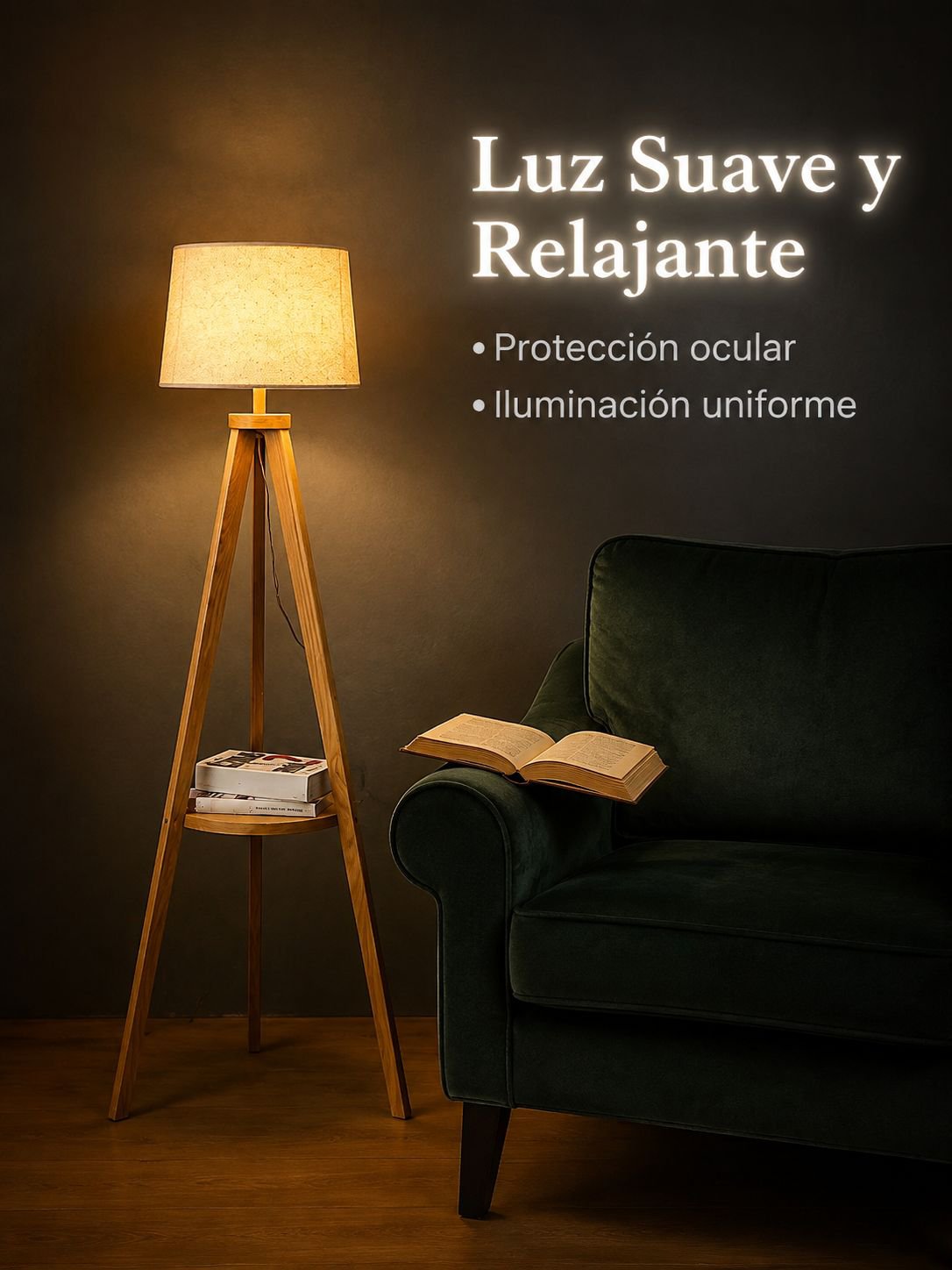 Lámpara de pie de salón con trípode de madera maciza
