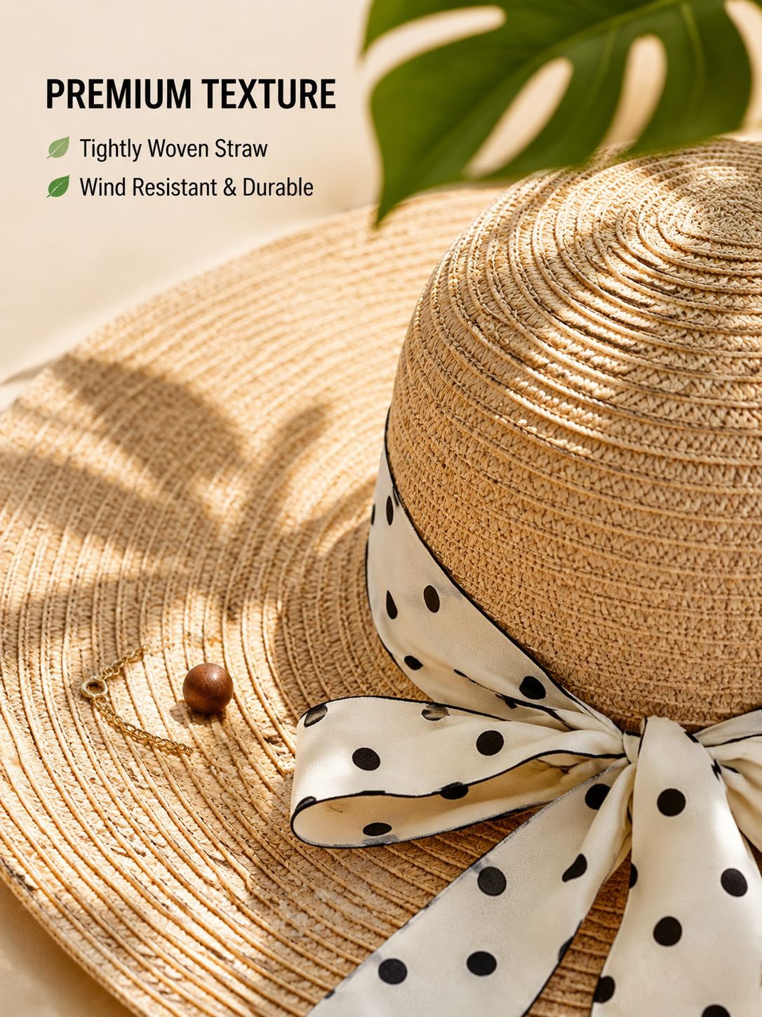 Summer wide-brimmed beach hat for women, sun protection, elegant women's vacation sun hat, polka dot