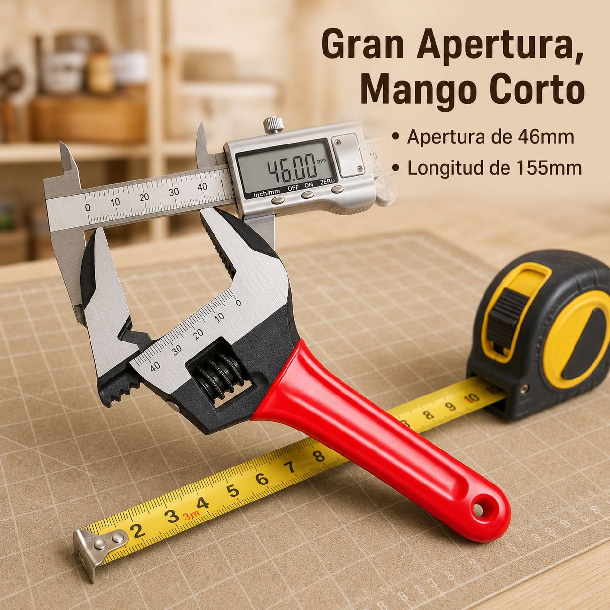 Llave ajustable de boca grande de acero completo con mango corto