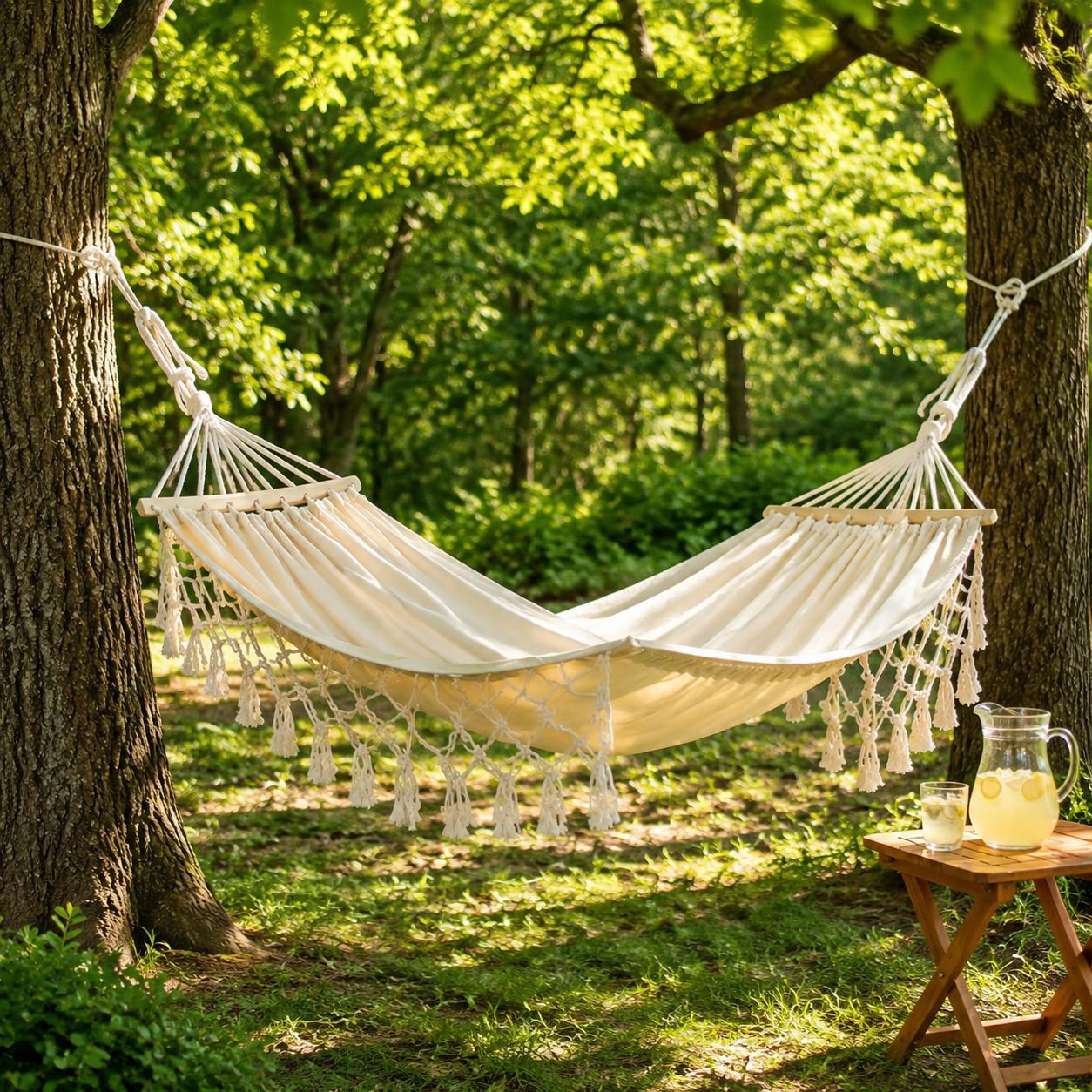 Outdoor Anti-Rollover Canvas Hammock with Tassels for Adults, Perfect for Picnic & Camping