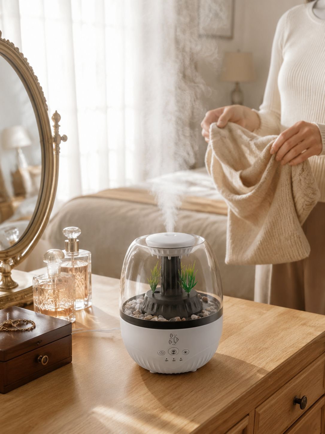 Creative fish tank aroma diffuser with ambient lighting on a living room table