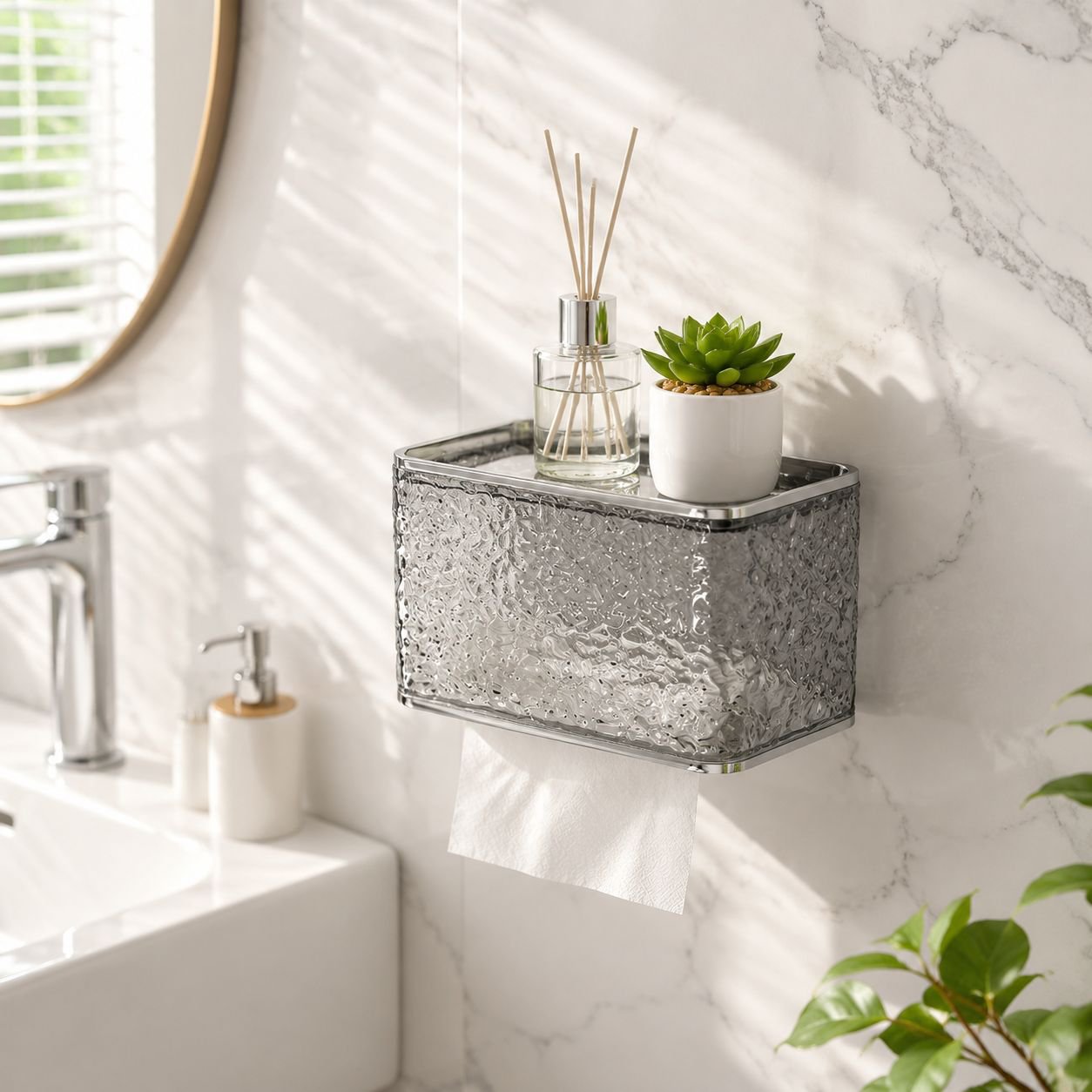 Bathroom tissue holder mounted on wall