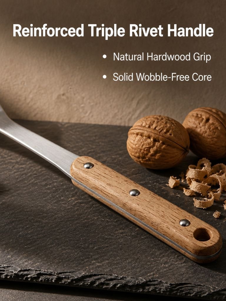 Durable stainless steel cooking tools with natural wood handles