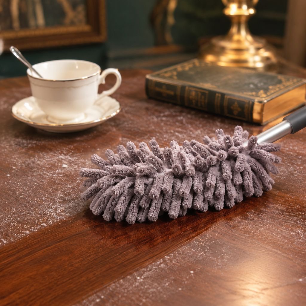Feather duster removing spider webs from ceiling