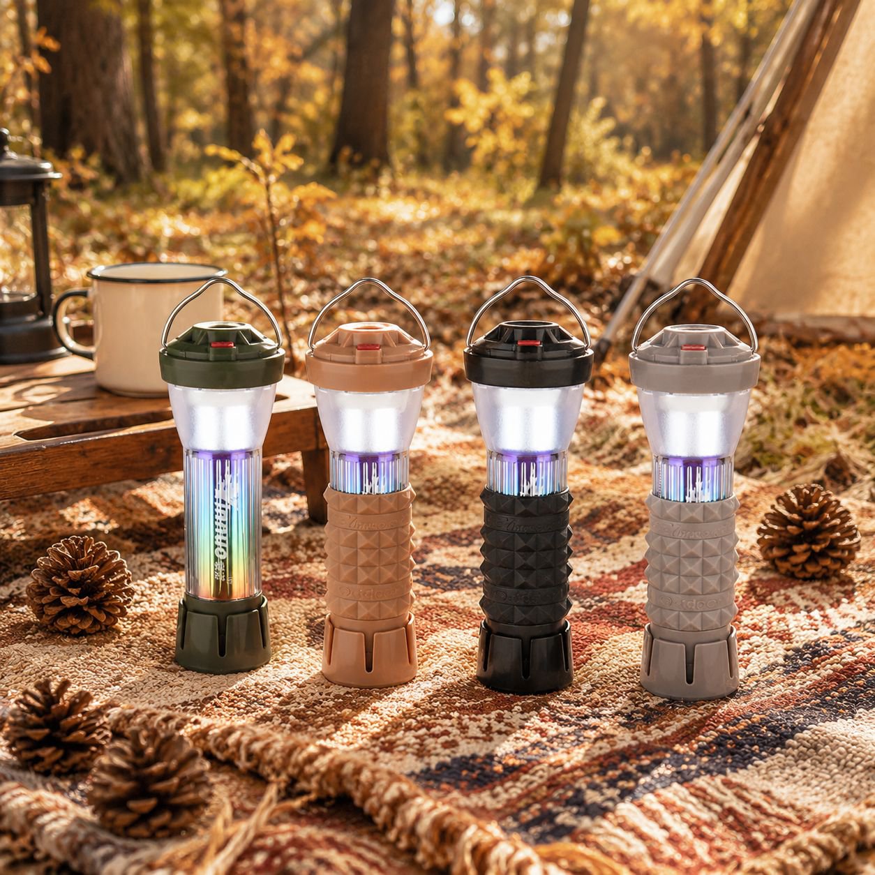 Portable tent light illuminating a camping tent