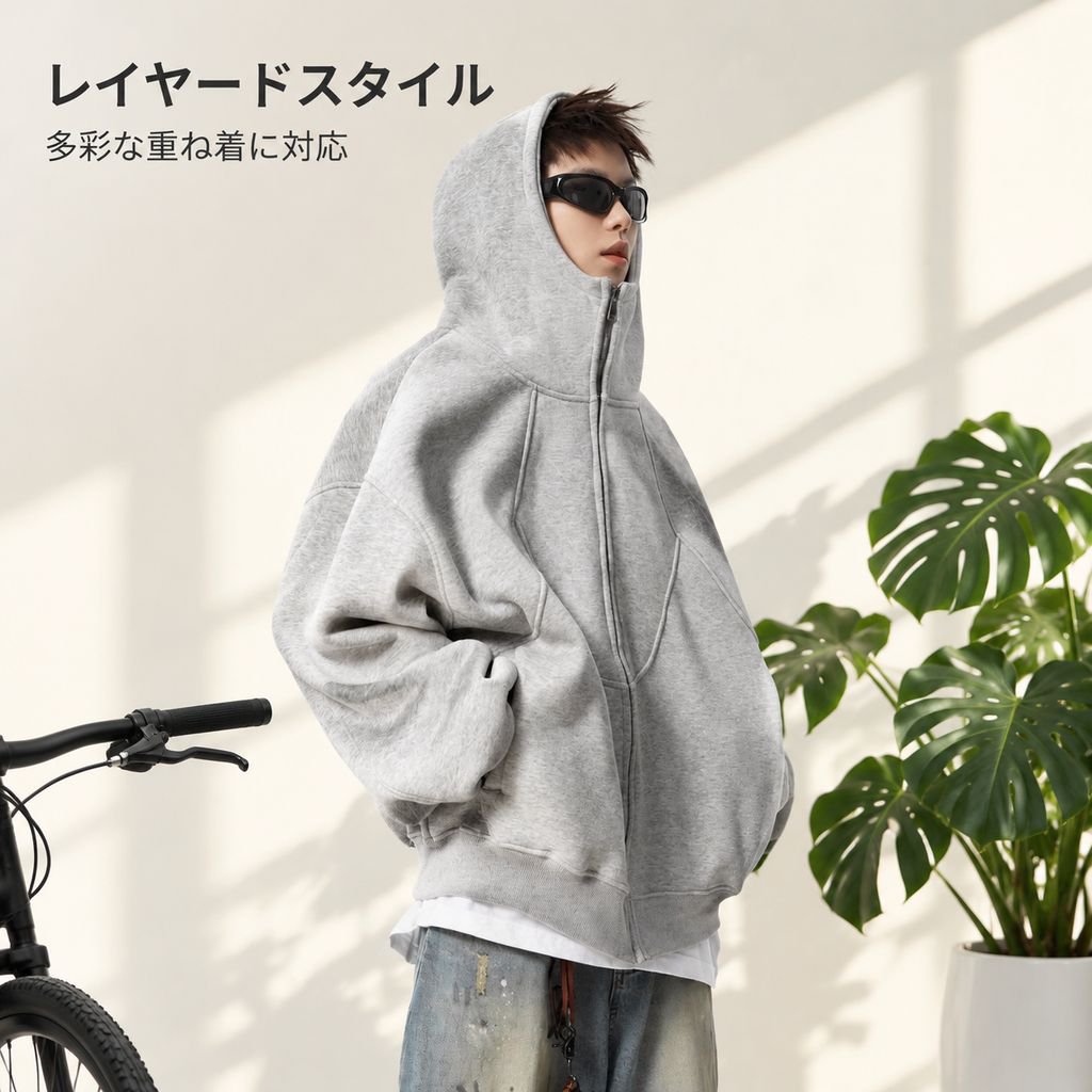 ハイストリートデザイン 切替フード付きスウェット メンズ 冬 裏起毛 ゆったりトレンドアウター