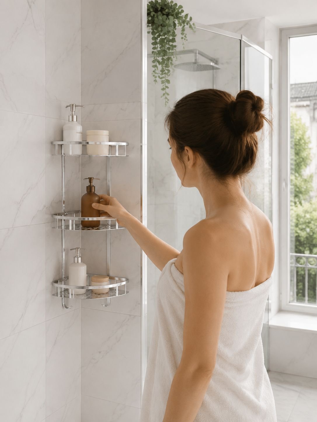 Étagère d’angle de salle de bain à trois niveaux en aluminium sans perçage