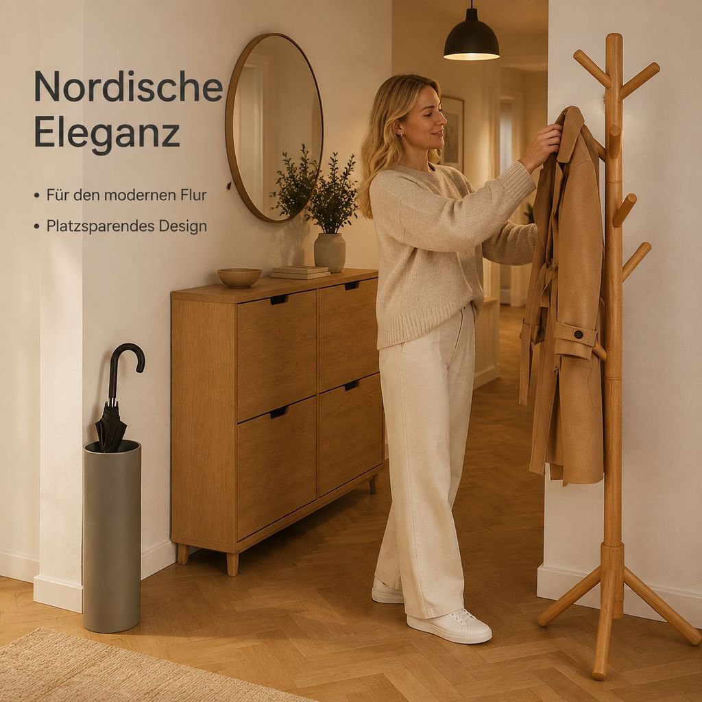 Freistehende Garderobe und Hutablage aus Massivholz