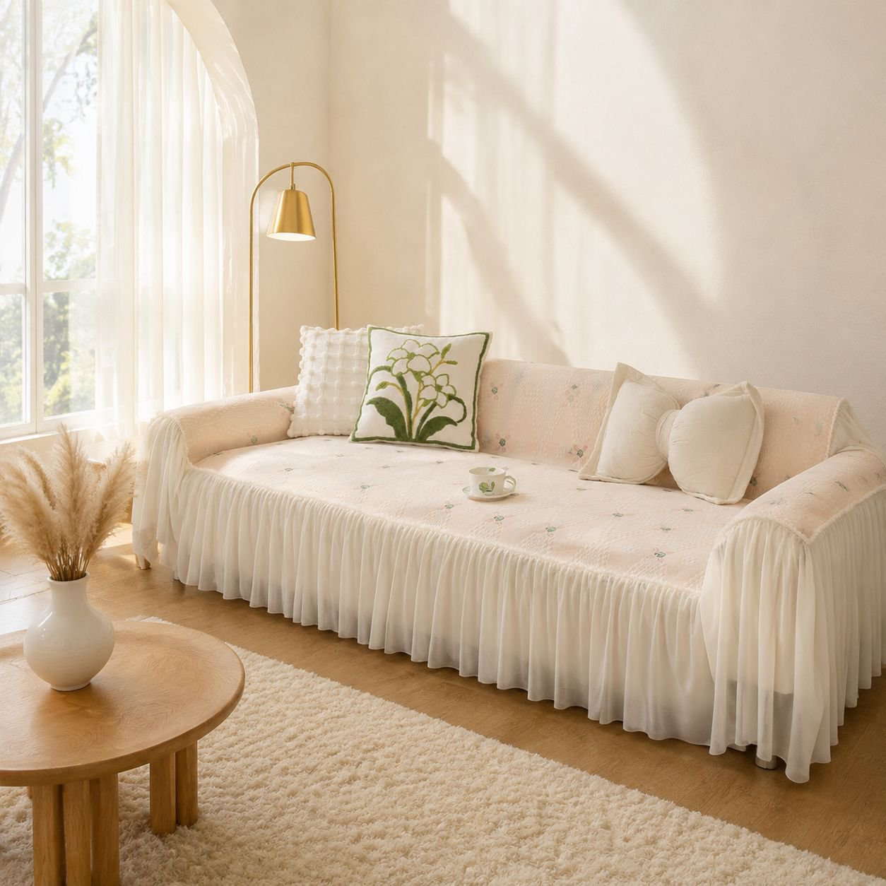 Vollständige Sofahusse mit Spitzenrüschen, Chenille-Stoff im Cream-Stil