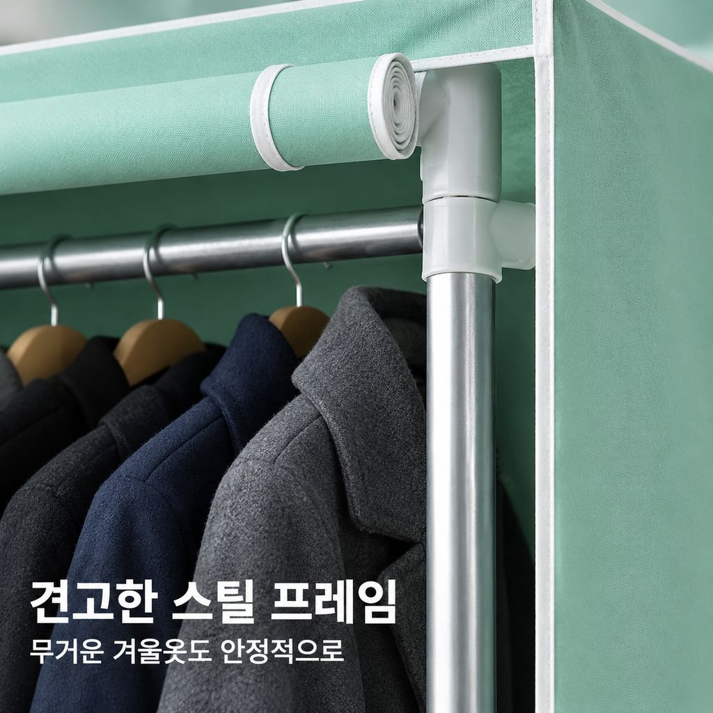 두껍고 보강된 강철 파이프를 사용한 1인용 패브릭 옷장.