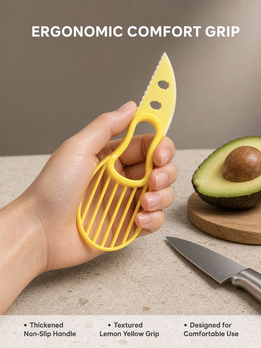 3-in-1 avocado slicer, pitter, and peeler in use